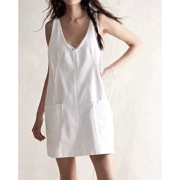 FREE PEOPLE WE THE FREE WHITE HIGH ROLLER DENIM OVERALL SKIRTALL MINI DRESS SZ M - Picture 2 of 10
